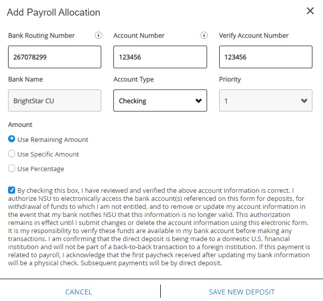 enter direct deposit screen information